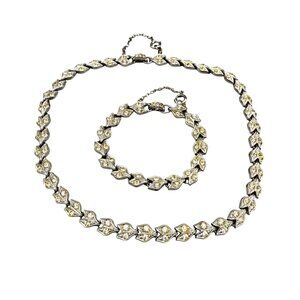 VTG Clear Rhinestone Necklace & Bracelet Set Leaf Motif Sparkling Silver Tone